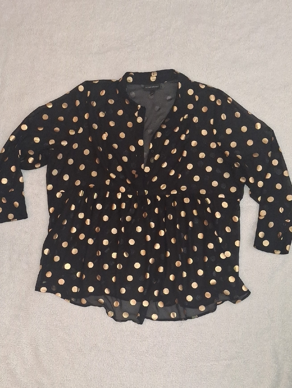 Lane Bryant Black Sheer Blouse with Gold Polka Dots